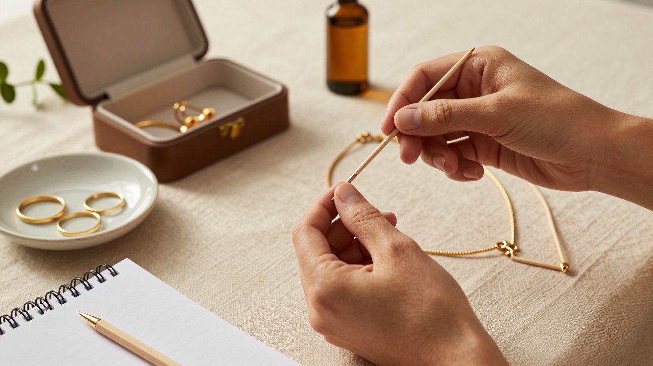 Mãos a polir uma peça de joalharia dourada numa mesa com caixa de anéis, bloco de notas e frasco em fundo.