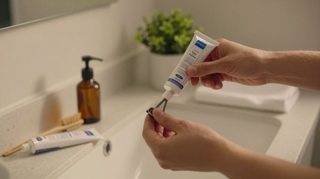 Pessoa aplica creme numa tira de metal sobre pia de casa de banho, com frasco de sabonete e planta ao fundo.