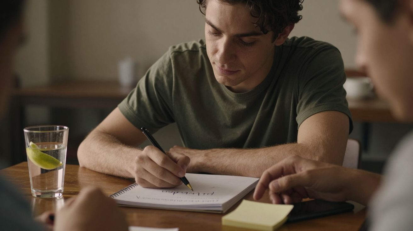 Jovem a escrever num caderno numa mesa de madeira, rodeado por outras pessoas, com um copo de água com limão.