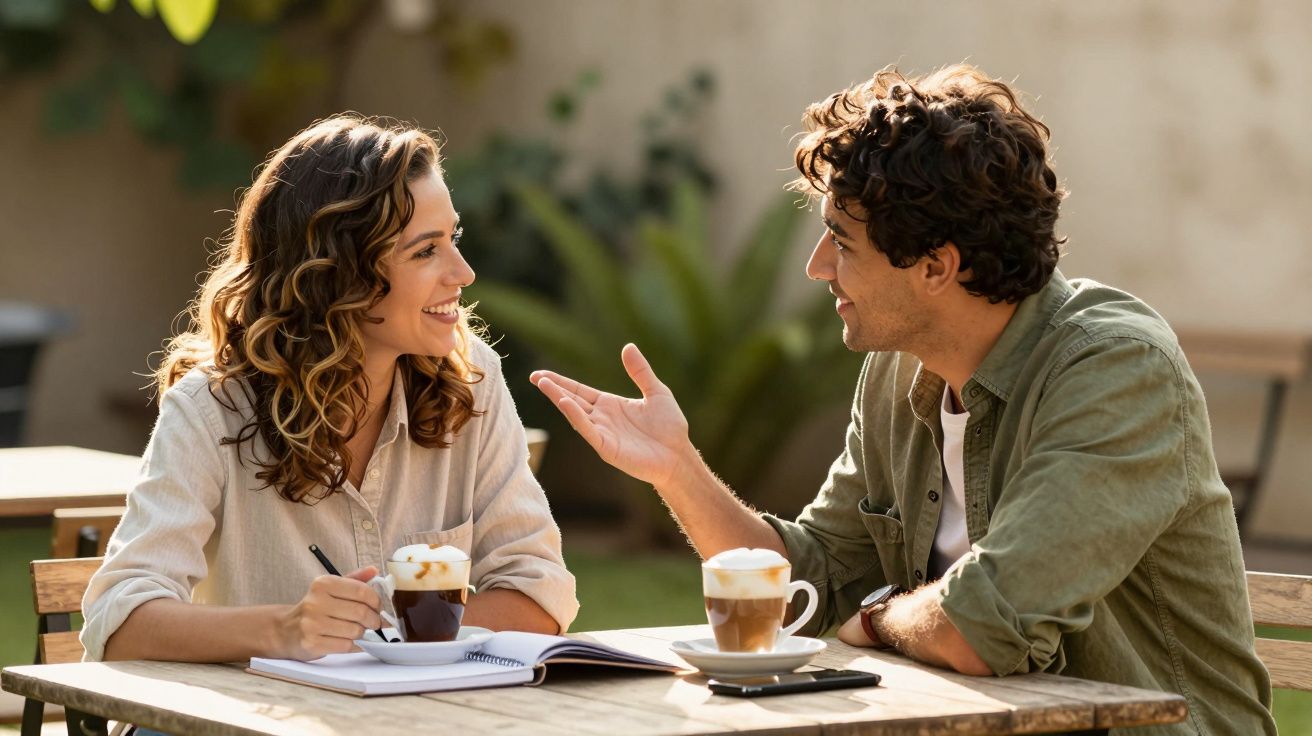 Homem e mulher a conversar sorridentes numa mesa de café ao ar livre, com chávenas e caderno à frente.
