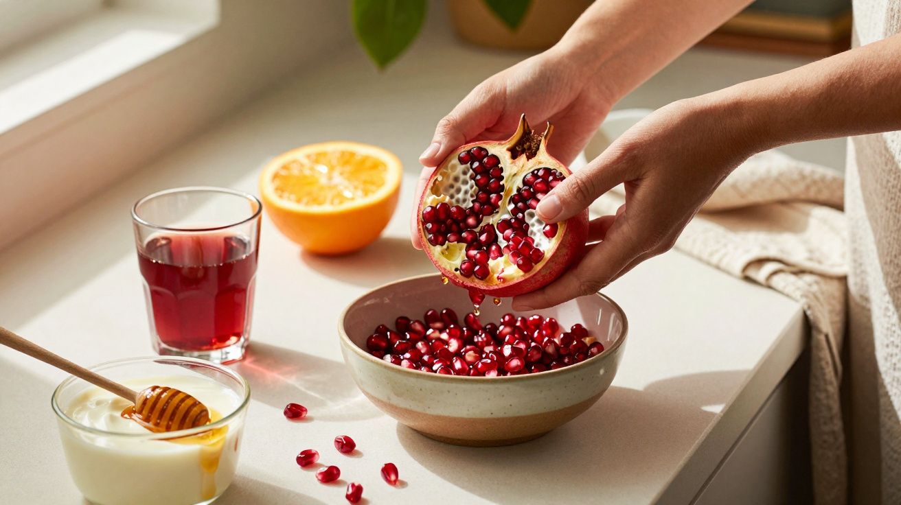 Mãos retirando sementes de romã para uma tigela; ao lado, sumo de fruta, iogurte com mel e meia laranja.