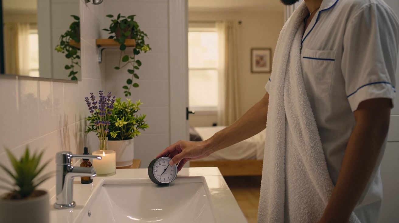 Homem de pijama junto a um lavatório, segurando um relógio. Plantas e vela ao lado, quarto ao fundo.
