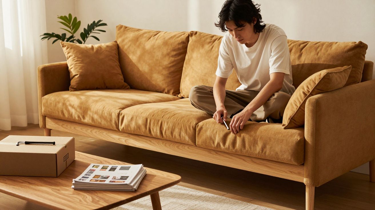 Homem sentado num sofá castanho a mexer no telemóvel, com uma mesa e caixa de cartão à frente.