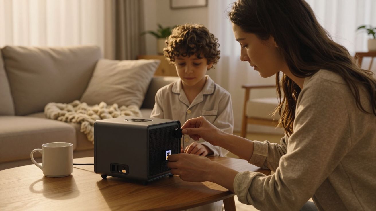 Mulher e criança ajustam um projetor numa sala de estar com sofá e caneca sobre uma mesa de madeira.