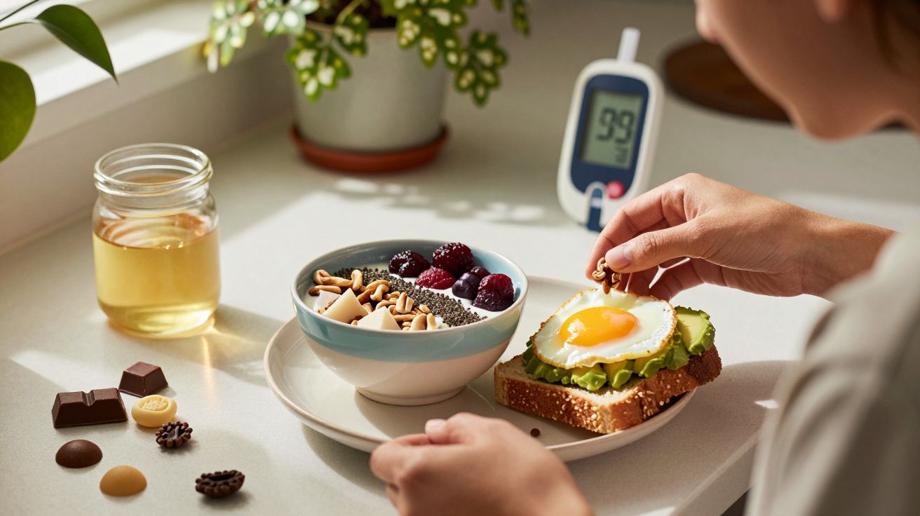 Pessoa prepara pequeno-almoço com torrada, ovo estrelado, aveia com frutas, mel e um aparelho de glicose ao fundo.
