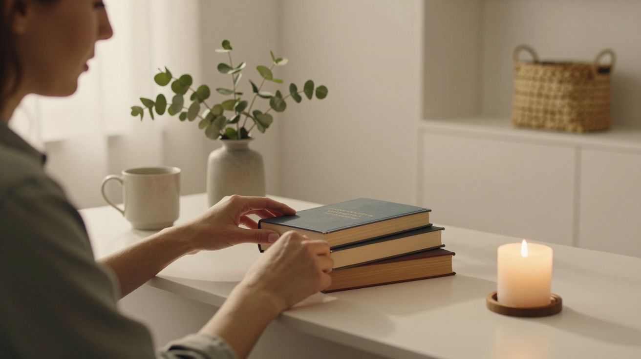 Mulher folheia livros numa mesa com uma vela acesa e planta ao fundo, ambiente calmo e acolhedor.