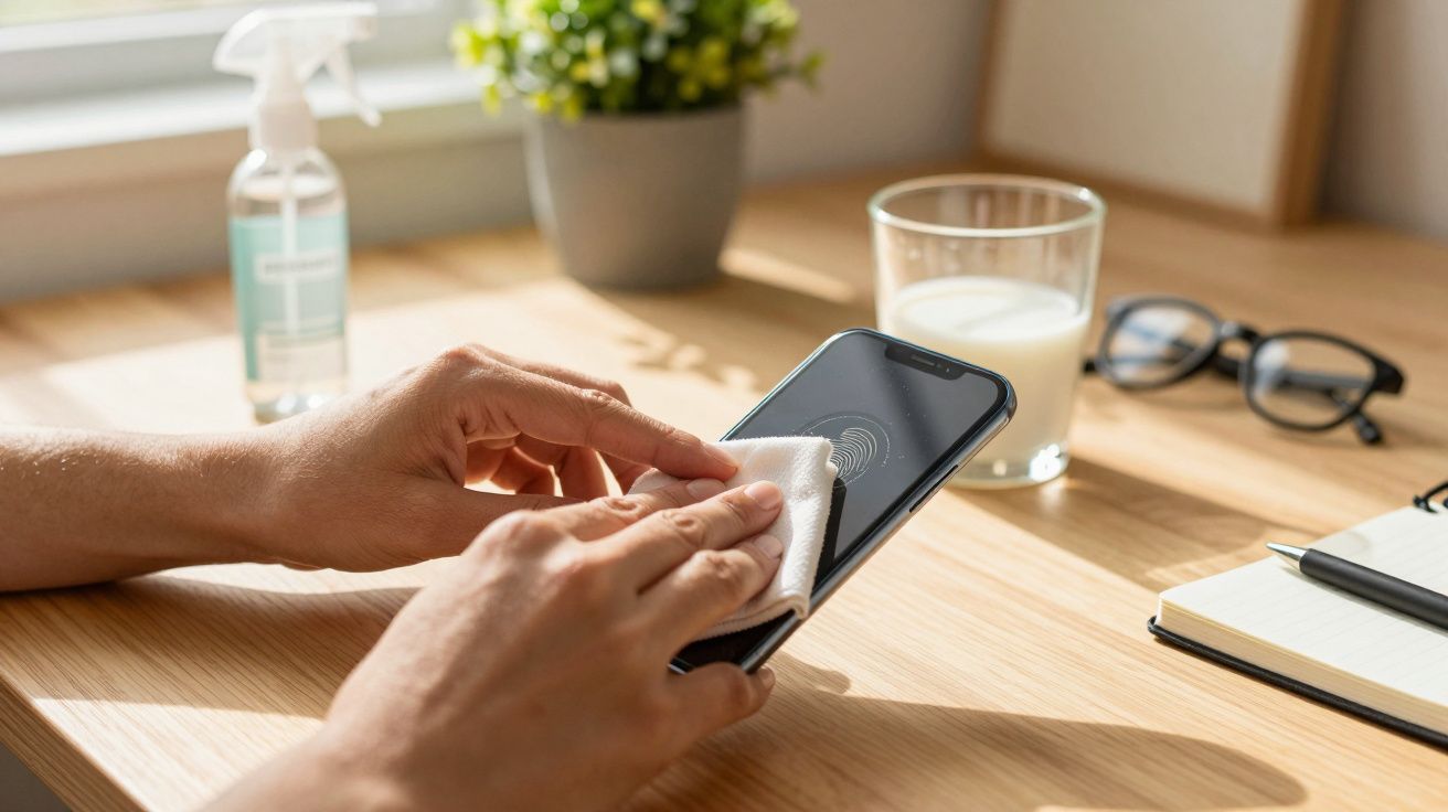 Pessoa a limpar um smartphone numa mesa com um pano, com óculos, caderno, copo de leite e spray ao fundo.