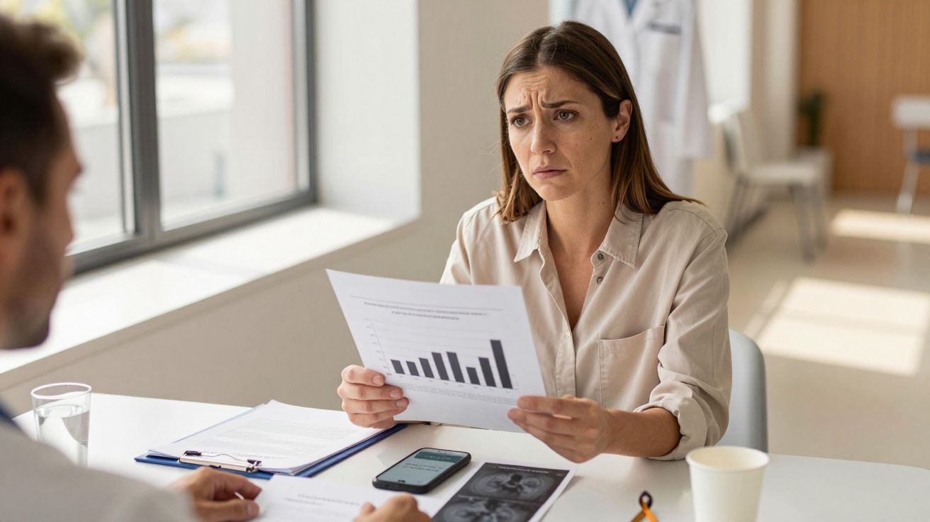 Mulher preocupada analisa gráfico em folha de papel, sentada em mesa de escritório iluminada.