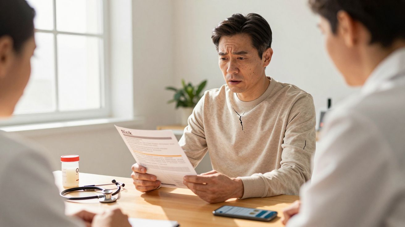 Homem preocupado lê documento médico com médicos ao redor, em sala iluminada por janela.
