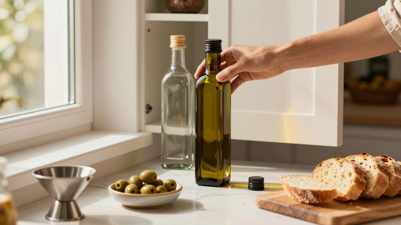 Mão segurando garrafa de azeite em bancada de cozinha com fatias de pão e taça de azeitonas.