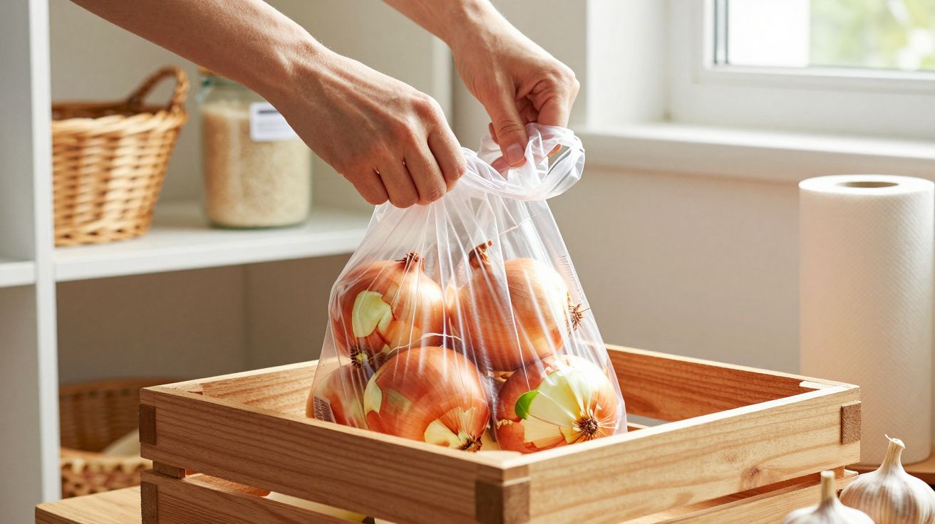 Mãos a colocar cebolas num saco de plástico transparente sobre uma caixa de madeira na cozinha iluminada.