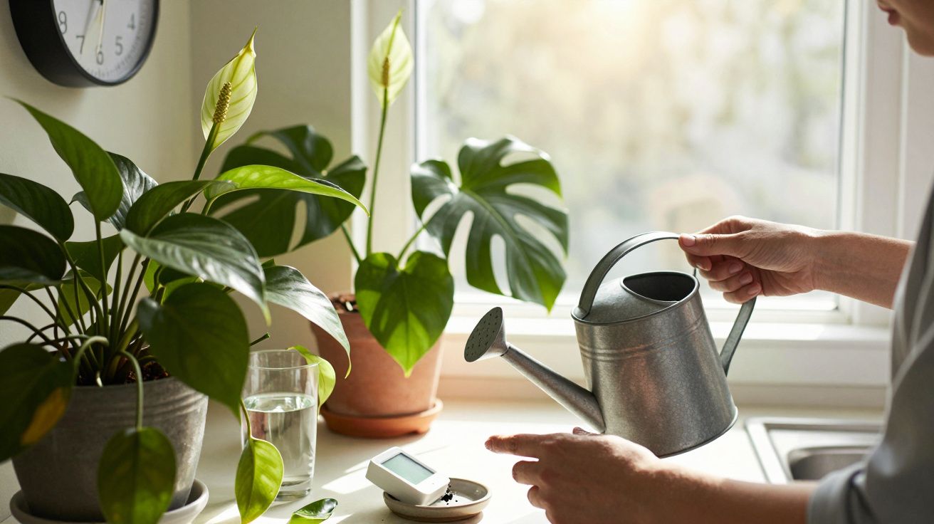 Pessoa rega plantas de interior junto a uma janela ensolarada, com um regador metálico.