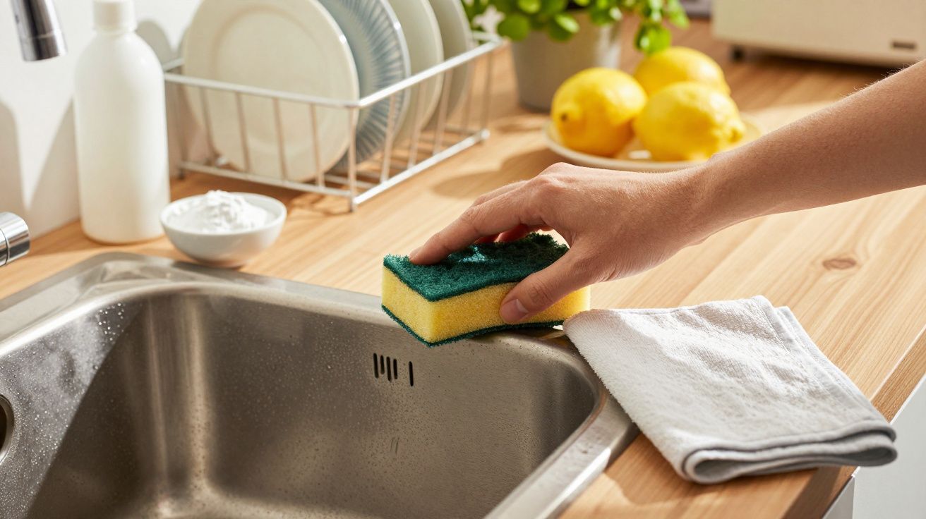 Mão segurando uma esponja limpa uma pia de inox; ao fundo, pratos e limões.