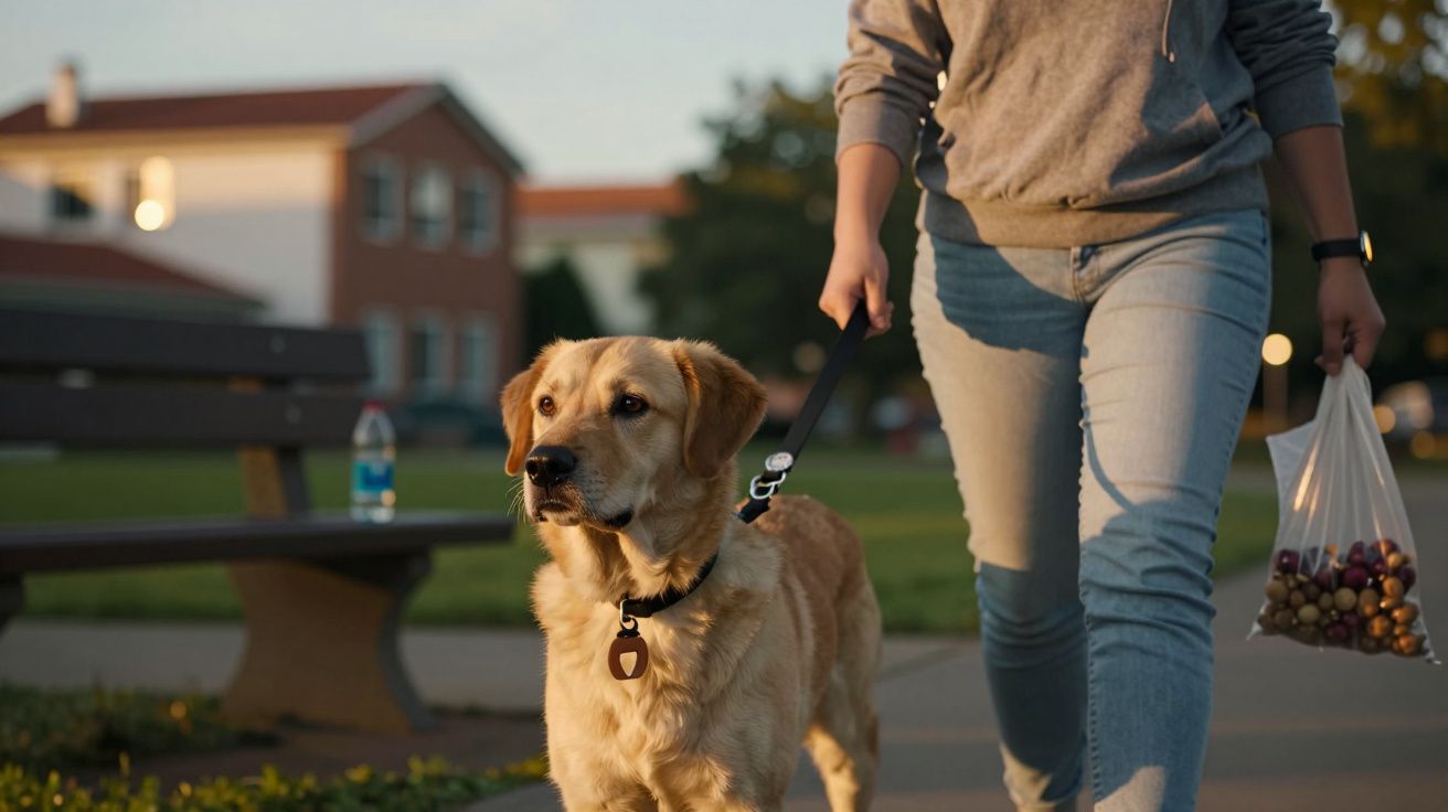 Pessoa a passear com cão guia num parque ao entardecer, segurando um saco plástico com castanhas.