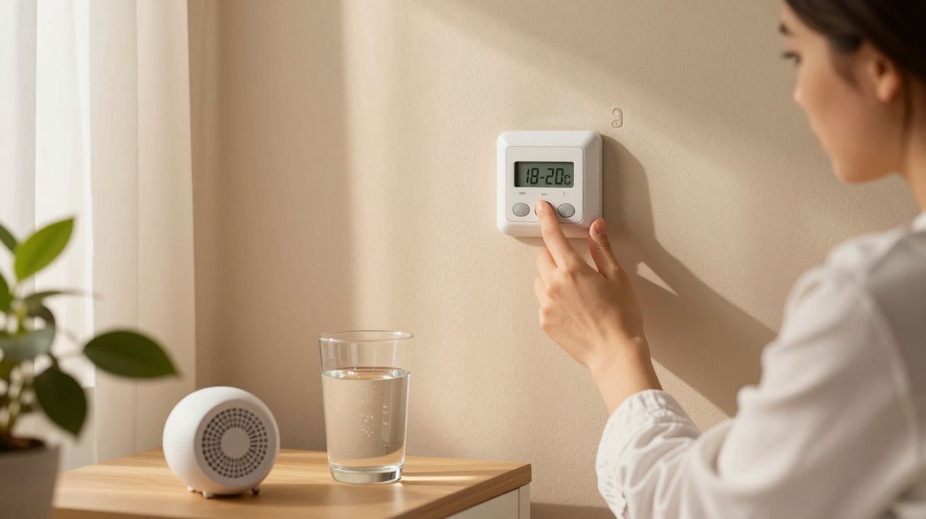 Mulher ajusta termóstato digital numa parede bege; copo de água e planta em mesa ao lado.
