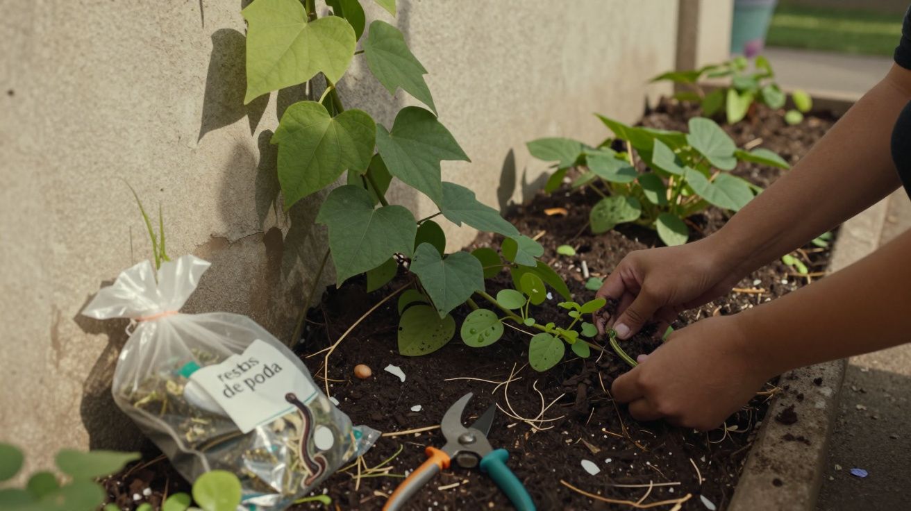 Mãos a plantar mudas num jardim, com tesoura de poda e saco com restos de poda ao lado.