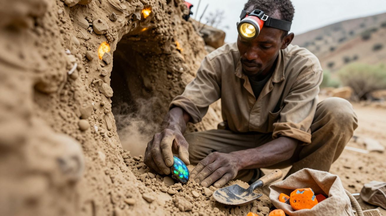 Homem escava com uma lanterna na testa, segurando um ovo brilhante colorido, perto de uma caverna em terreno arenoso.