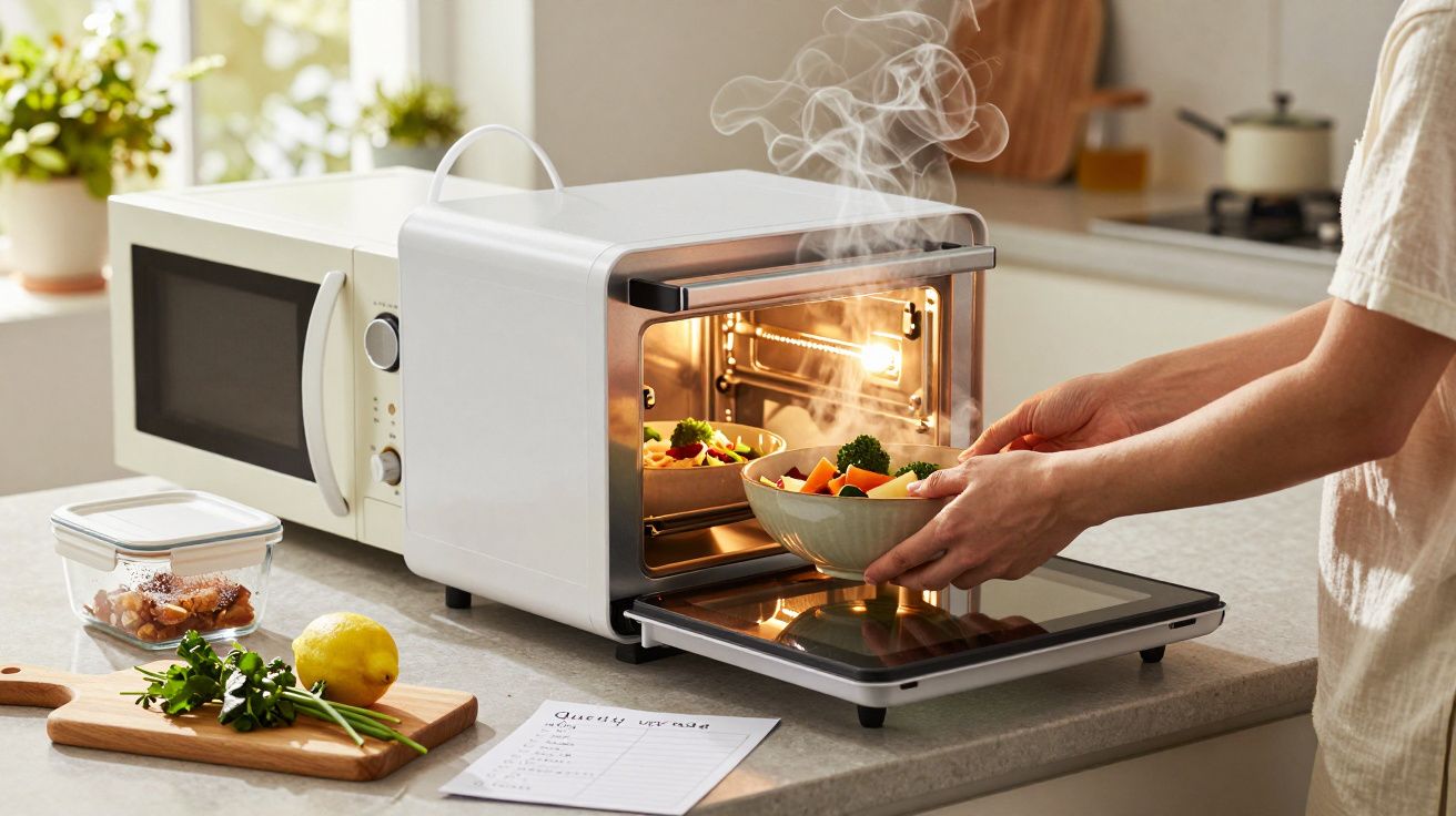 Pessoa a retirar uma taça de legumes cozidos a vapor de um forno elétrico em cima de um balcão de cozinha.