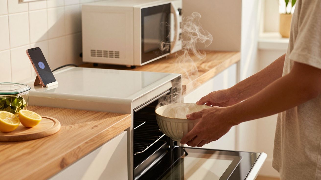 Pessoa a retirar uma tigela a fumegar do forno, numa cozinha com bancada de madeira e micro-ondas ao fundo.