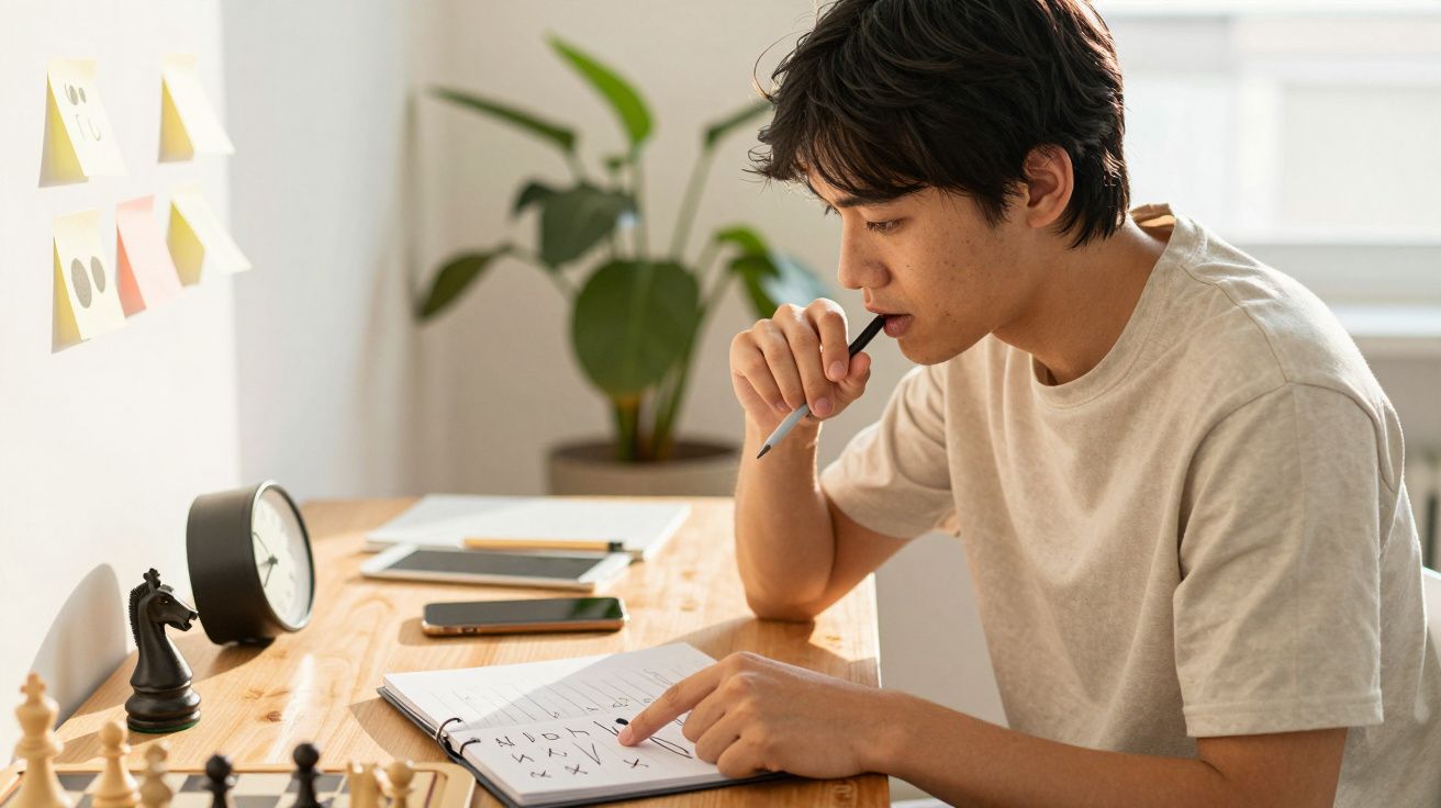 Homem concentrado estuda à secretária, com caderno, lápis, e peças de xadrez. Plantas e notas adesivas ao fundo.