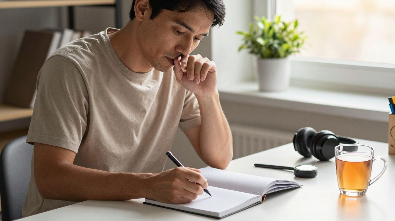 Homem concentrado escreve num caderno numa secretária, com chá e auscultadores ao lado.