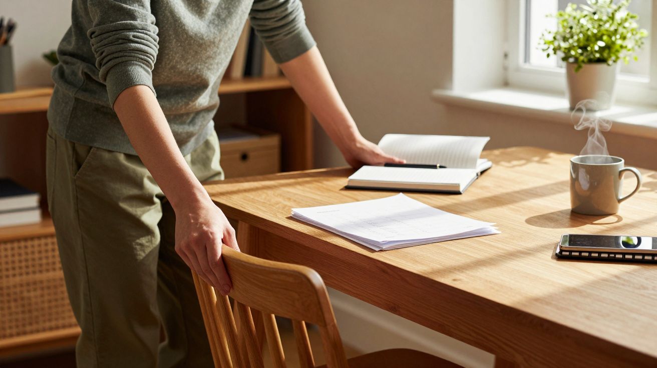 Pessoa ajustando cadeira numa mesa com caderno, documentos, chávena de café e smartphone à luz da janela.