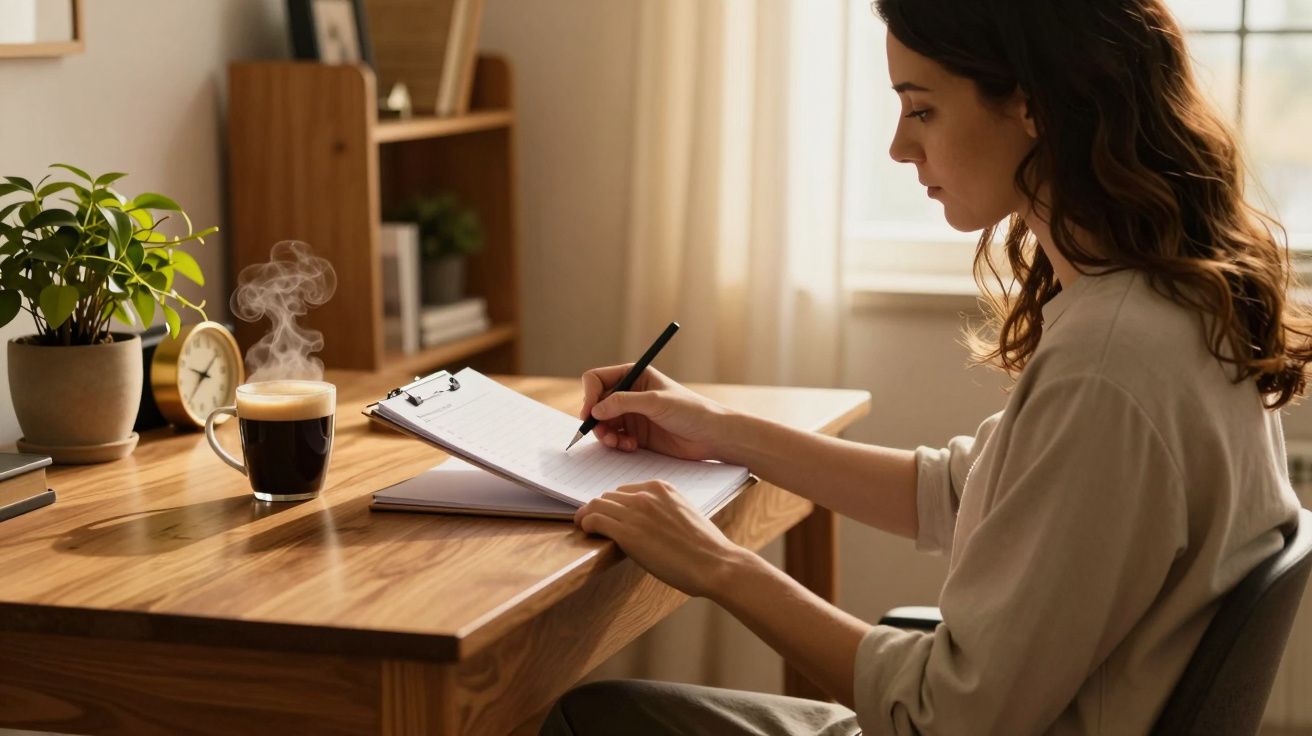 Mulher escreve em caderno numa mesa de madeira, com planta, chávena de café fumegante e relógio ao lado.