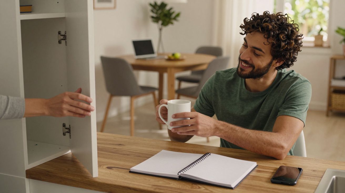 Homem sorrindo com caneca na mão, sentado à mesa com caderno aberto e telemóvel; fundo com mesa de jantar.