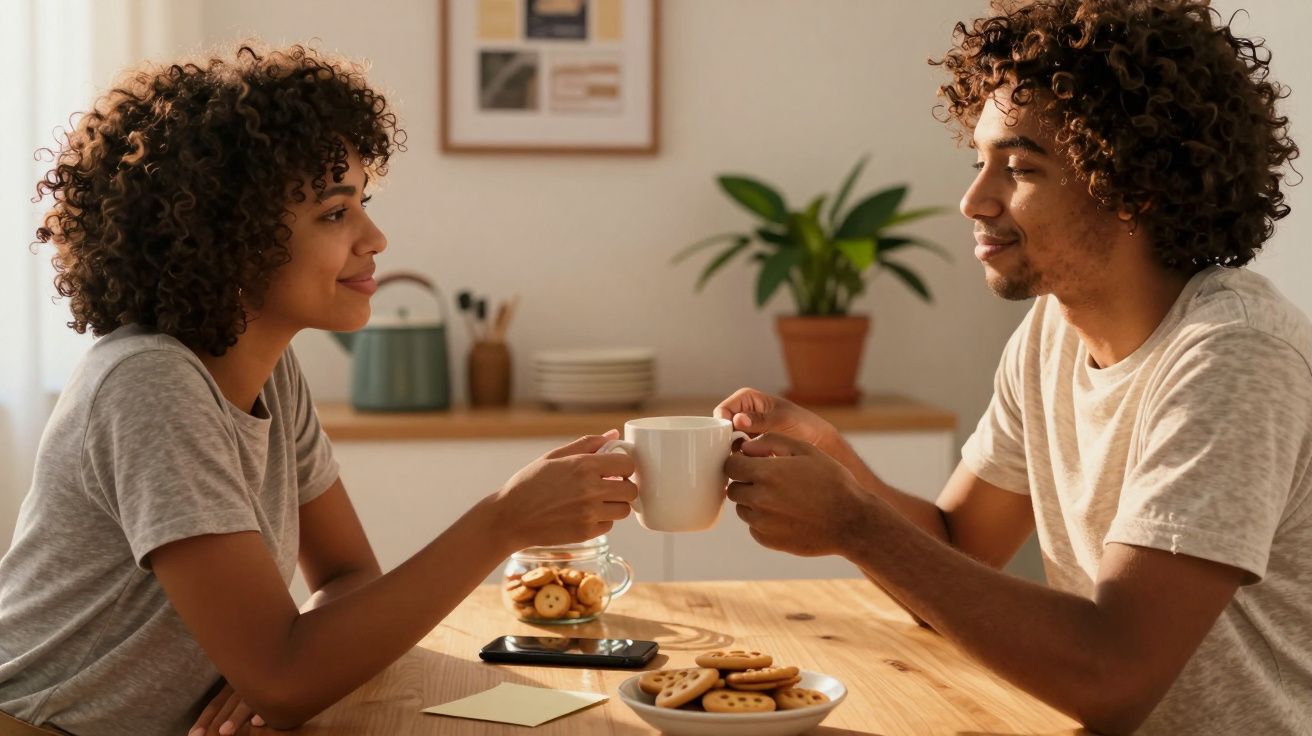 Casal sentado em mesa de madeira, conversando e segurando chávenas, com bolachas e uma planta ao fundo.