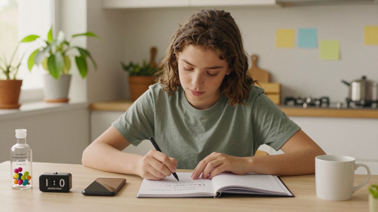 Pessoa jovem a escrever num caderno numa cozinha, com plantas, chávena e smartphone sobre a mesa.