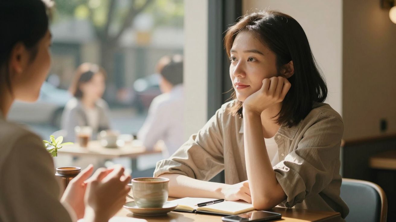Duas mulheres conversam num café iluminado pelo sol, com chávenas e telemóvel sobre a mesa.