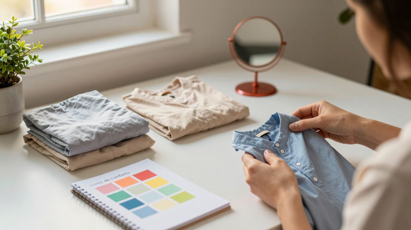 Pessoa dobra camisa azul numa mesa com camisolas, um caderno de cores, espelho e planta ao lado.