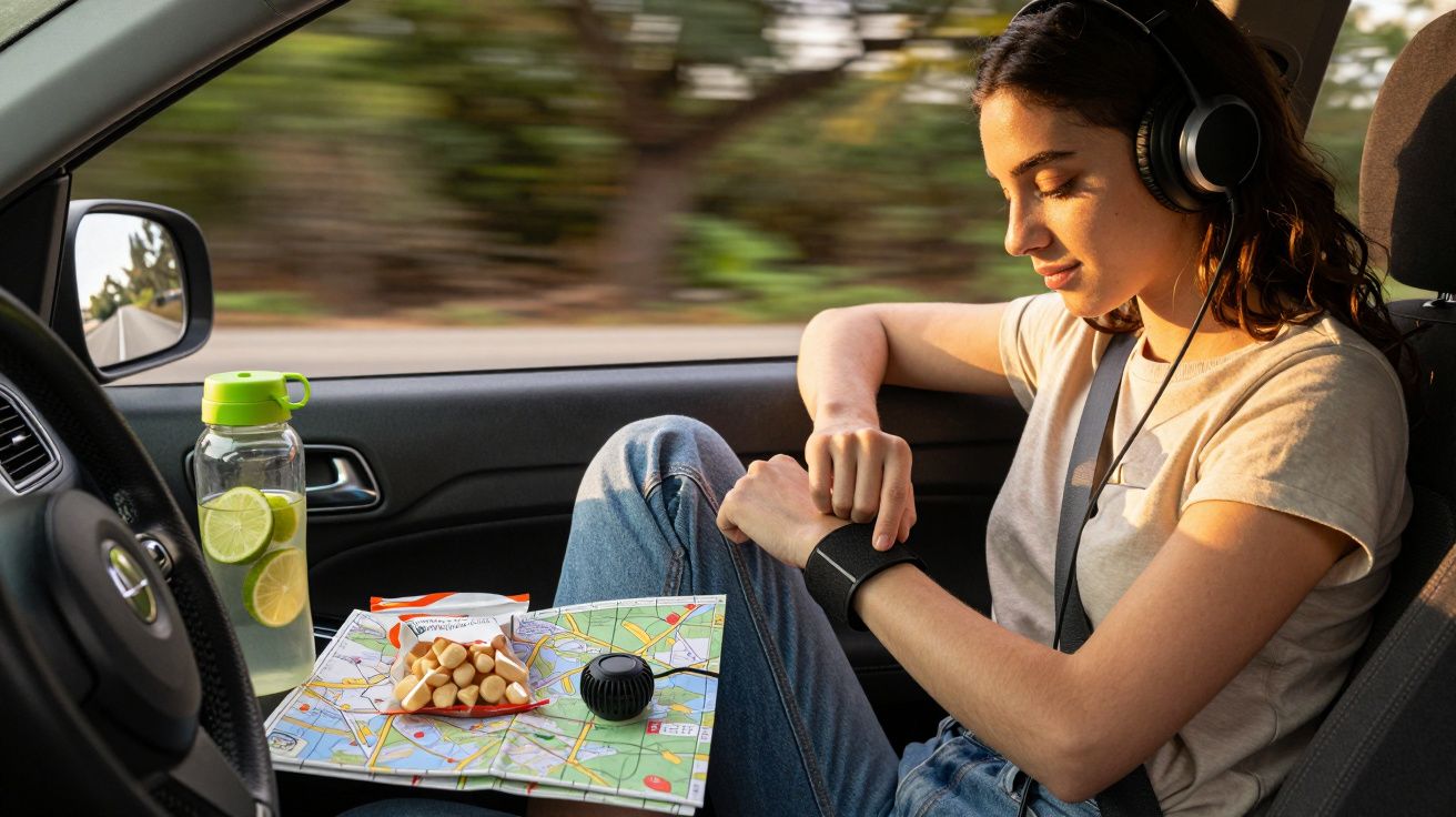 Mulher num carro com fones e smartwatch, mapa no colo e garrafa de água com limão ao lado.