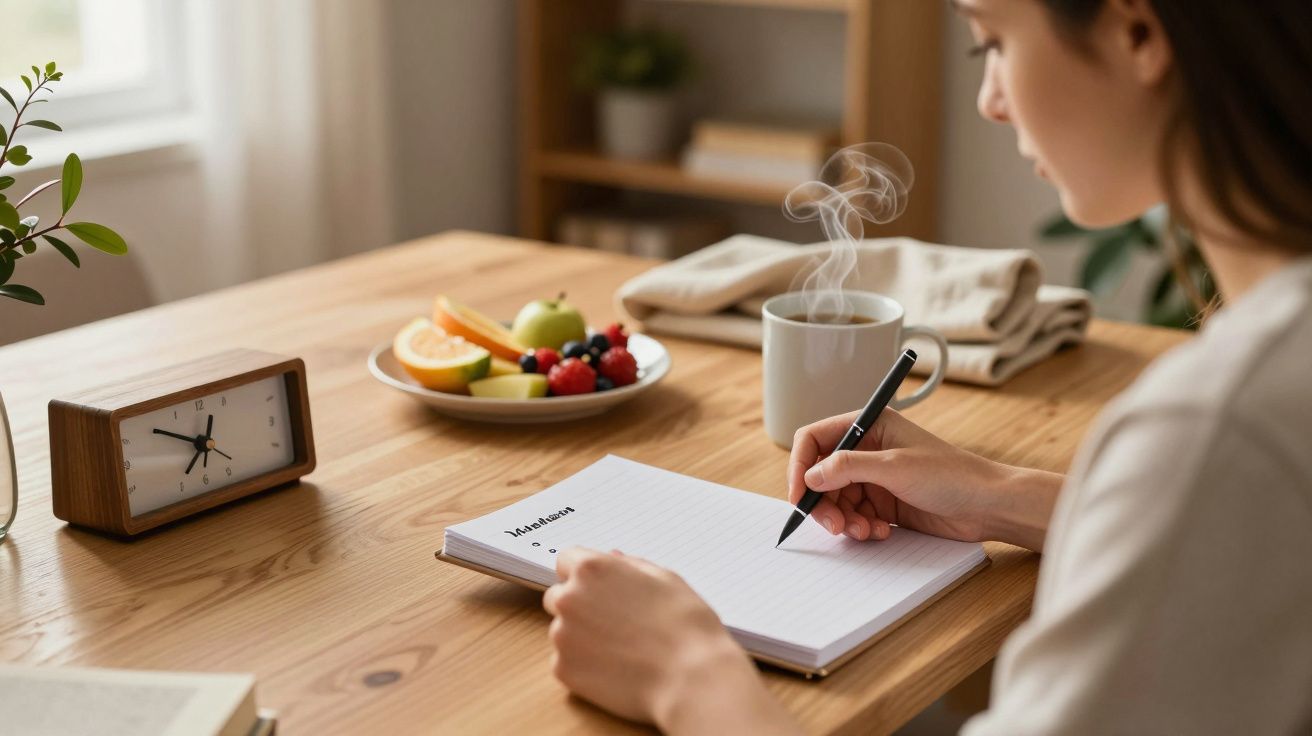 Mulher escreve numa agenda numa mesa com fruta e chávenas de café, relógio à esquerda.