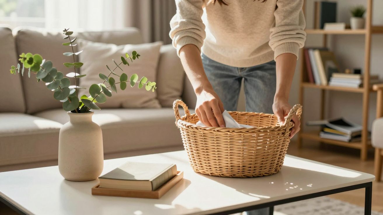 Pessoa arruma um cesto de vime numa mesa de centro, junto a um vaso com planta e livros, numa sala iluminada.