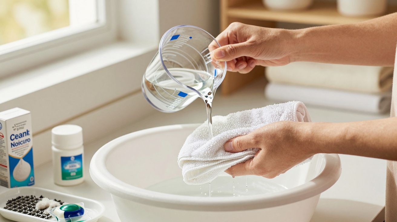 Pessoa a verter líquido incolor de um copo medidor sobre um pano branco, perto de uma bacia e produtos de limpeza.