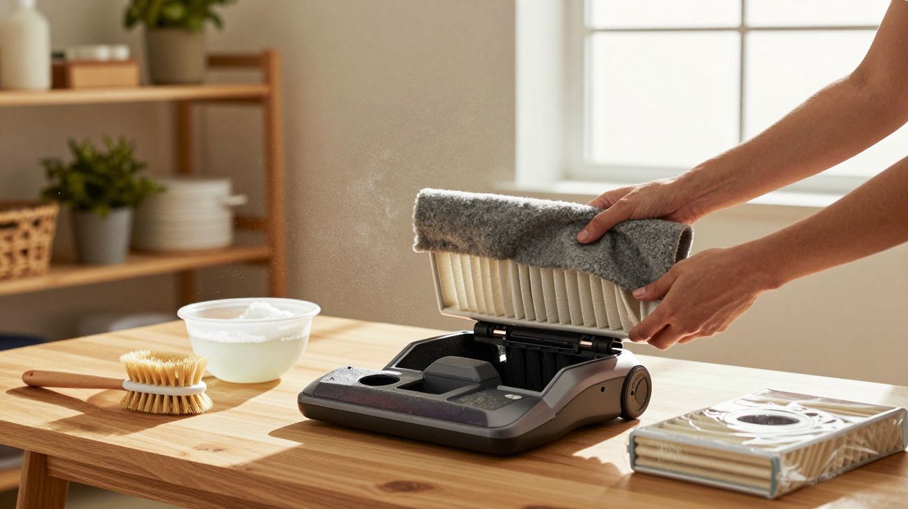 Mãos limpando uma máquina de waffles com um pano, numa cozinha iluminada, com uma escova e uma tigela ao lado.