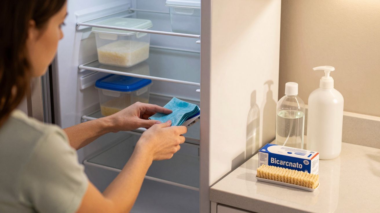 Mulher a limpar o frigorífico com uma esponja, produtos de limpeza na bancada ao lado.