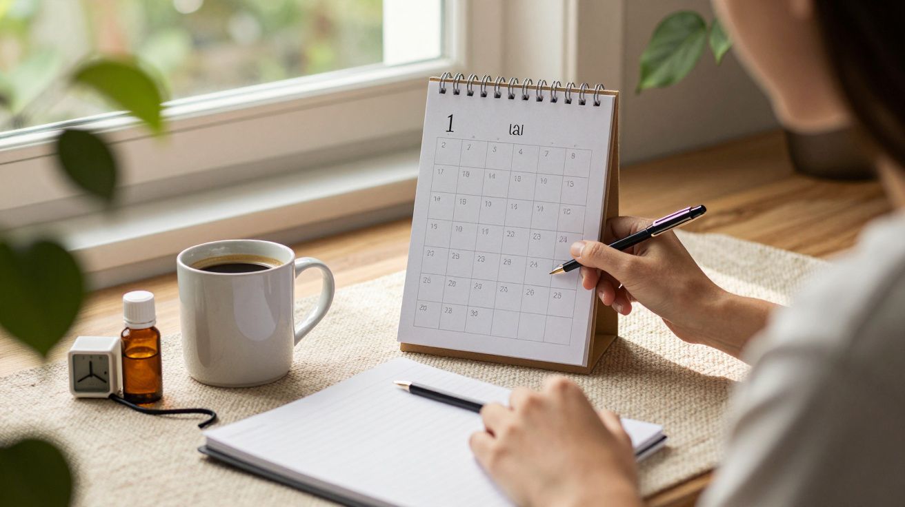 Pessoa escreve num caderno ao lado de um calendário, chávena de bebida e frasco, perto de uma janela com plantas.