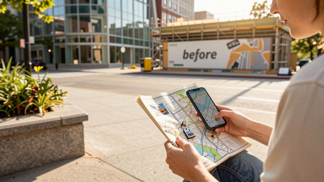 Pessoa segurando mapa e smartphone com mapa GPS, sentada na rua junto a prédio moderno e mural "before".