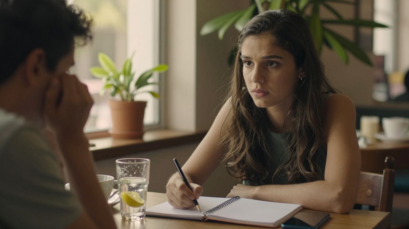 Mulher a tomar notas num caderno enquanto conversa com um homem, sentados num café com plantas ao fundo.