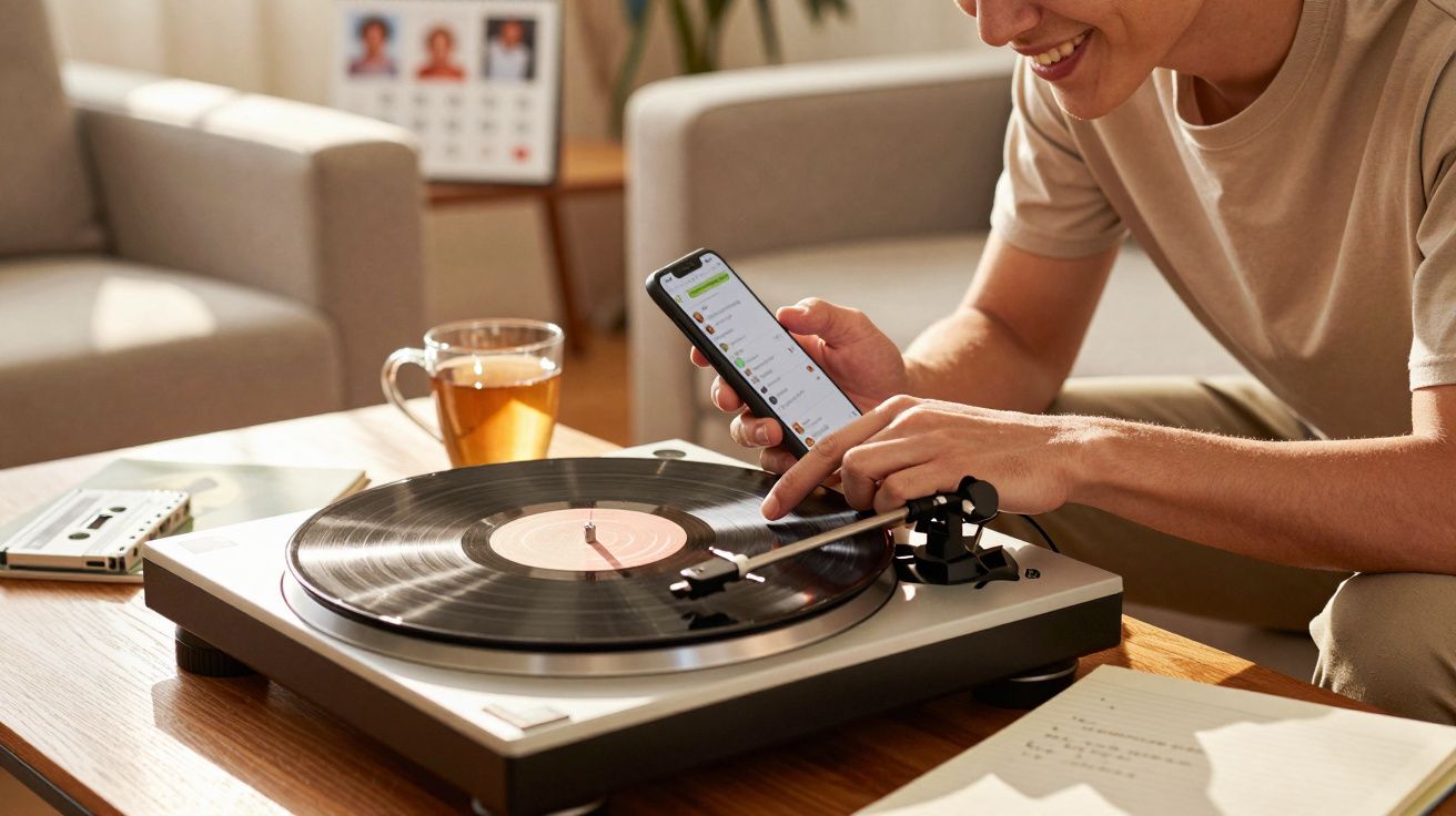 Homem usando um smartphone junto a um gira-discos em funcionamento, com chá e bloco de notas sobre a mesa.