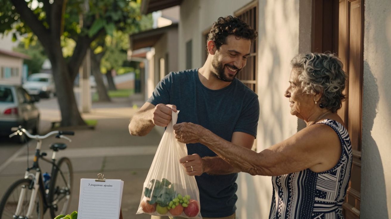 Homem sorridente entrega saco de legumes a senhora idosa numa rua arborizada. Bicicleta e lista de compras ao lado.