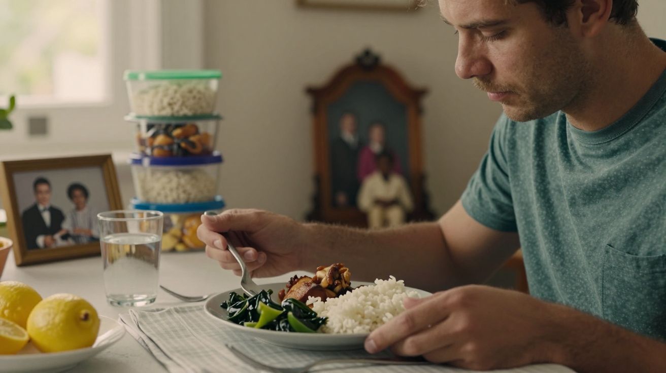 Homem a comer arroz, vegetais e frango em mesa com fotografias, citrinos e caixas empilhadas de alimentos.