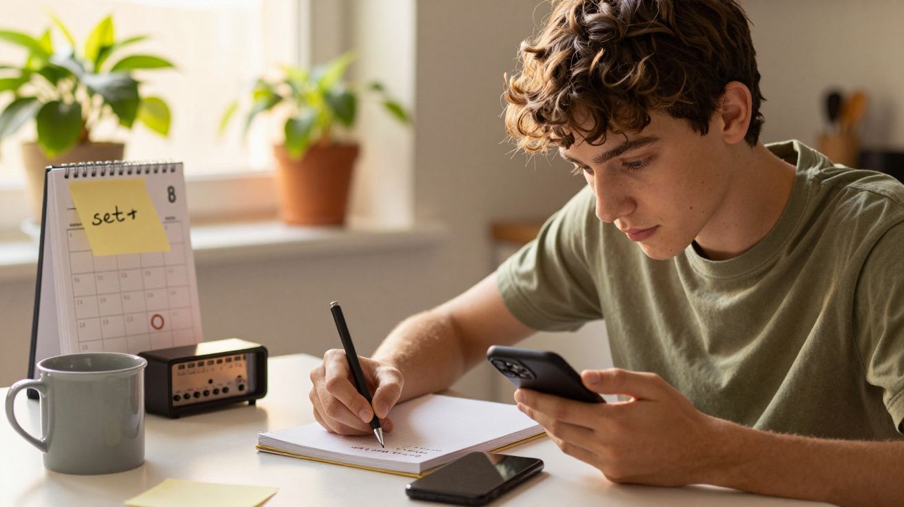 Jovem sentado à mesa, escrevendo num caderno e segurando um telemóvel, com plantas e calendário em segundo plano.