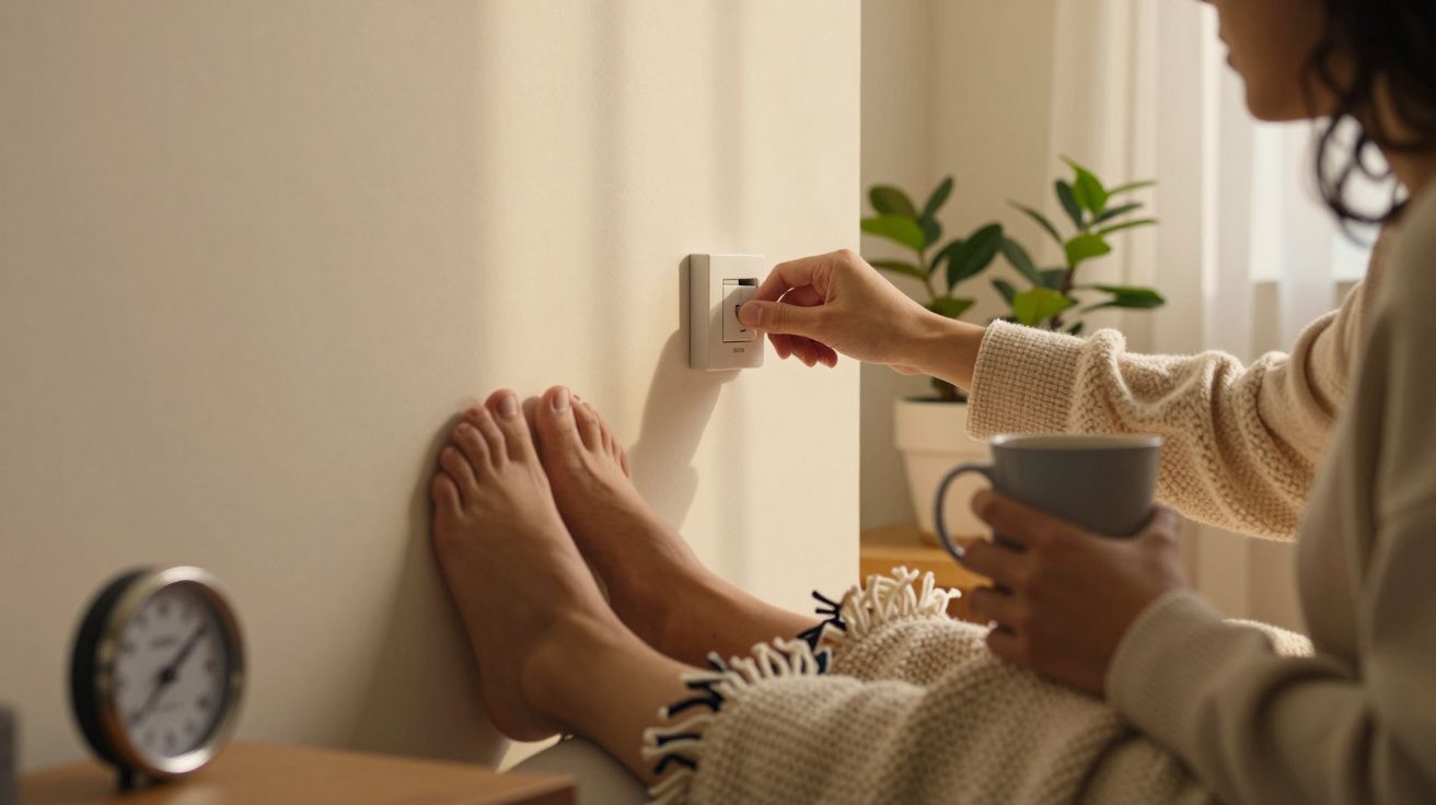 Pessoa ajusta termóstato enquanto segura chá, pés descalços numa manta, com planta e relógio ao fundo.