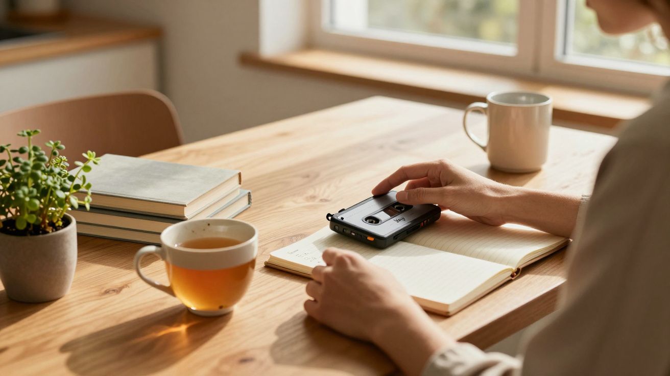 Pessoa a segurar um gravador cassete em cima de um caderno sobre uma mesa junto a uma chávena de chá e livros.