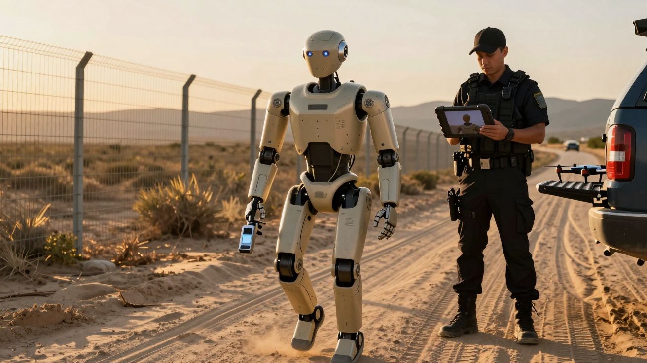 Robô humanóide caminha ao lado de um polícia que segura um tablet, numa estrada de terra ao lado de uma vedação.