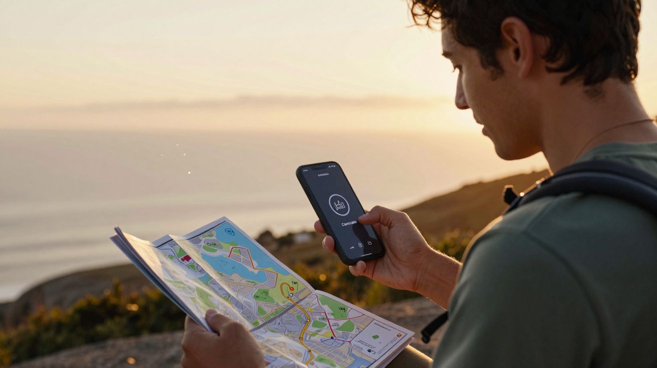 Homem ao ar livre segura um telemóvel e mapa, com o pôr do sol ao fundo.