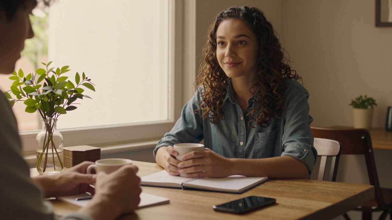 Mulher sorri numa conversa, segurando uma chávena, numa mesa com caderno e telemóvel. Planta no fundo.